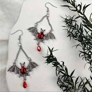 Gothic Bat Wing Vibrant Red Synthetic‎ Gemstone Drop Earrings Silver Plated
